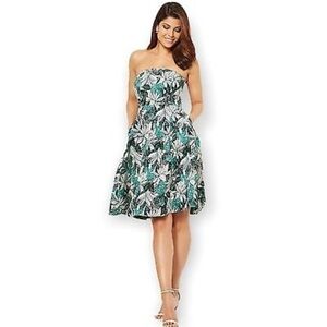 Eva Mendes Del Mar Jacquard Strapless Dress Pockets Green Palms Leaf Tropical